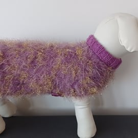 Hand Knitted Fluffy Dark Purple And Gold Small Dog Coat (R923)