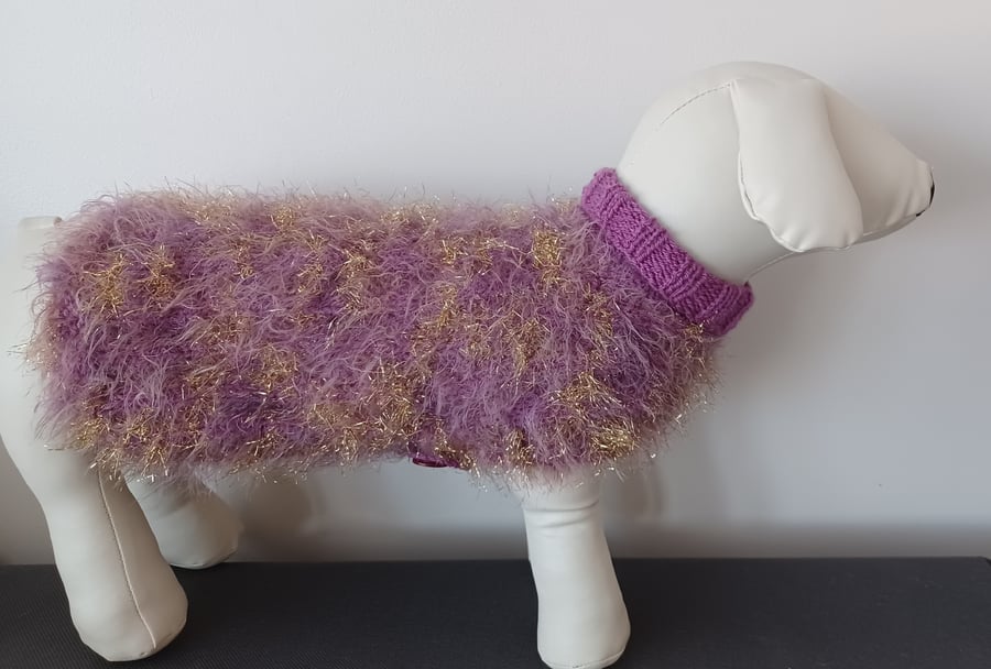 Hand Knitted Fluffy Dark Purple And Gold Small Dog Coat (R923)