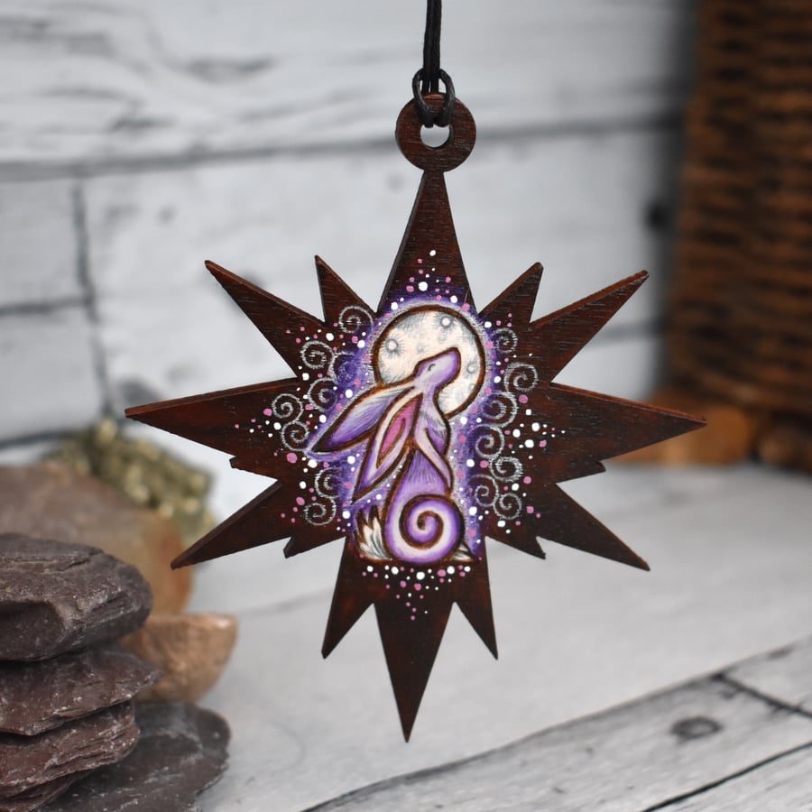 Purple swirly hare hanging star. Pyrography personalised decoration.