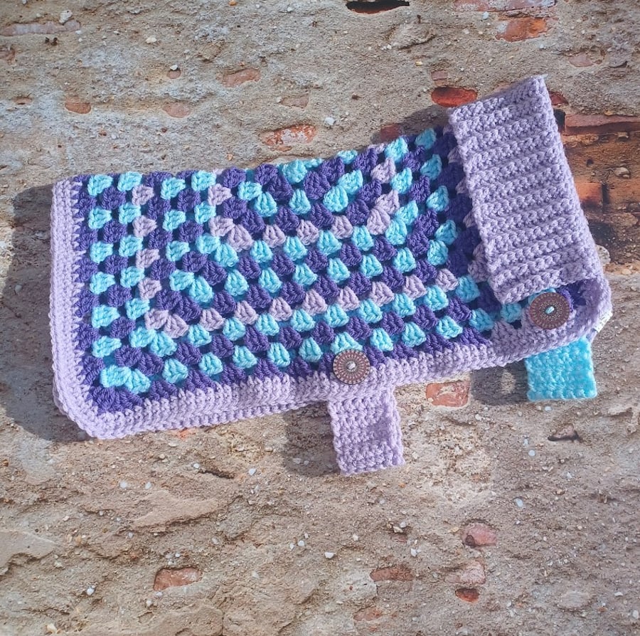 Easy wearing crochet dog jacket, Small dog sweater blue purple
