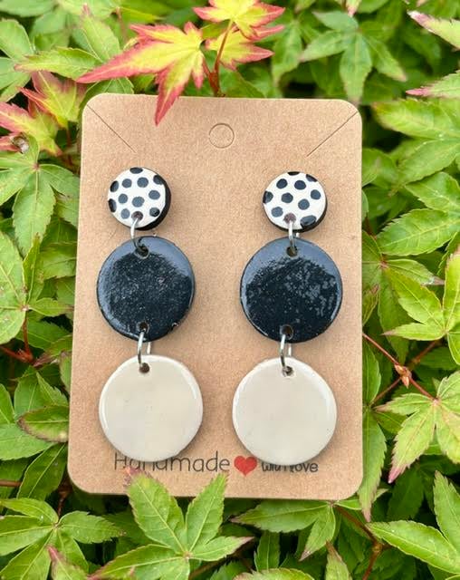 Black and Cream Polka Dot Dangly Earrings