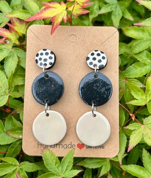 Black and Cream Polka Dot Dangly Earrings