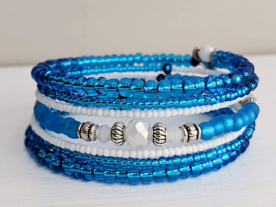 Memory Wire Seed Beaded Bracelet in Aquamarine Blue, White and Silver