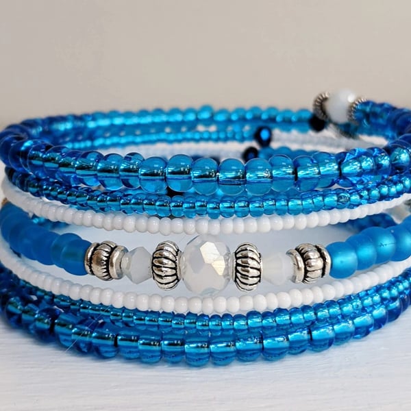 Memory Wire Seed Beaded Bracelet in Aquamarine Blue, White and Silver