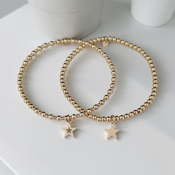 Gold Filled Dainty Star Charm Stretch Bracelet Set