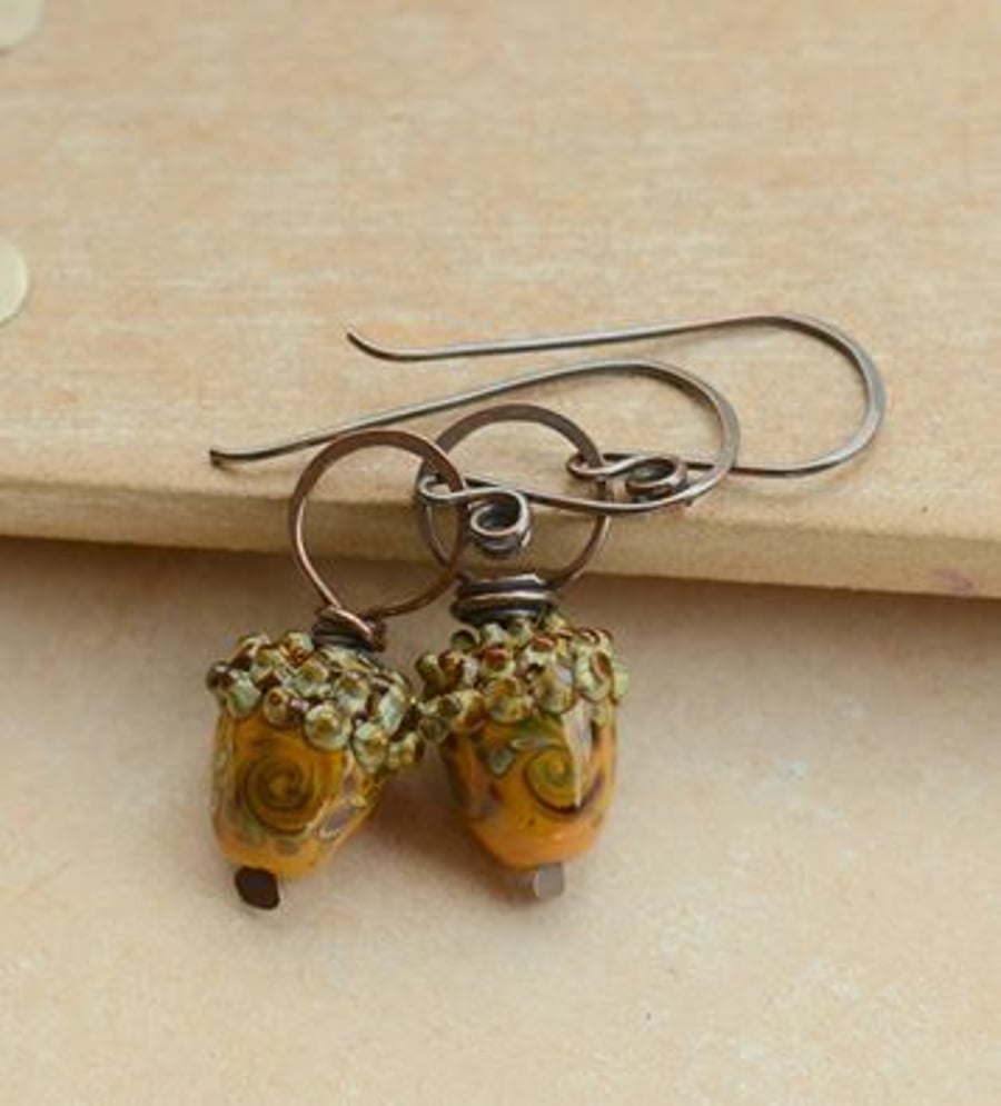 Mustard Lampwork Glass Acorn Bead & Copper Earrings