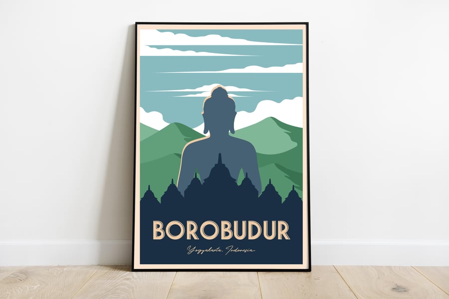 Borobudur retro travel poster, Borobudur print, Indonesia travel poster