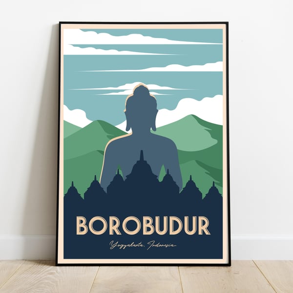 Borobudur retro travel poster, Borobudur print, Indonesia travel poster
