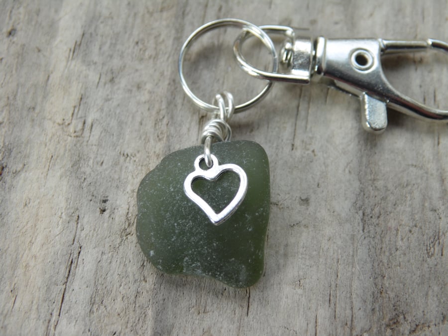 Olive Green Cornish Sea Glass with Heart Charm Bag Charm Keyring K556