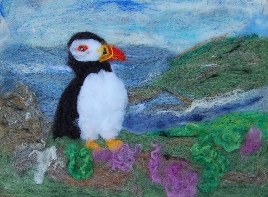  Puffin on the cliffs - Needle felt picture, textile art