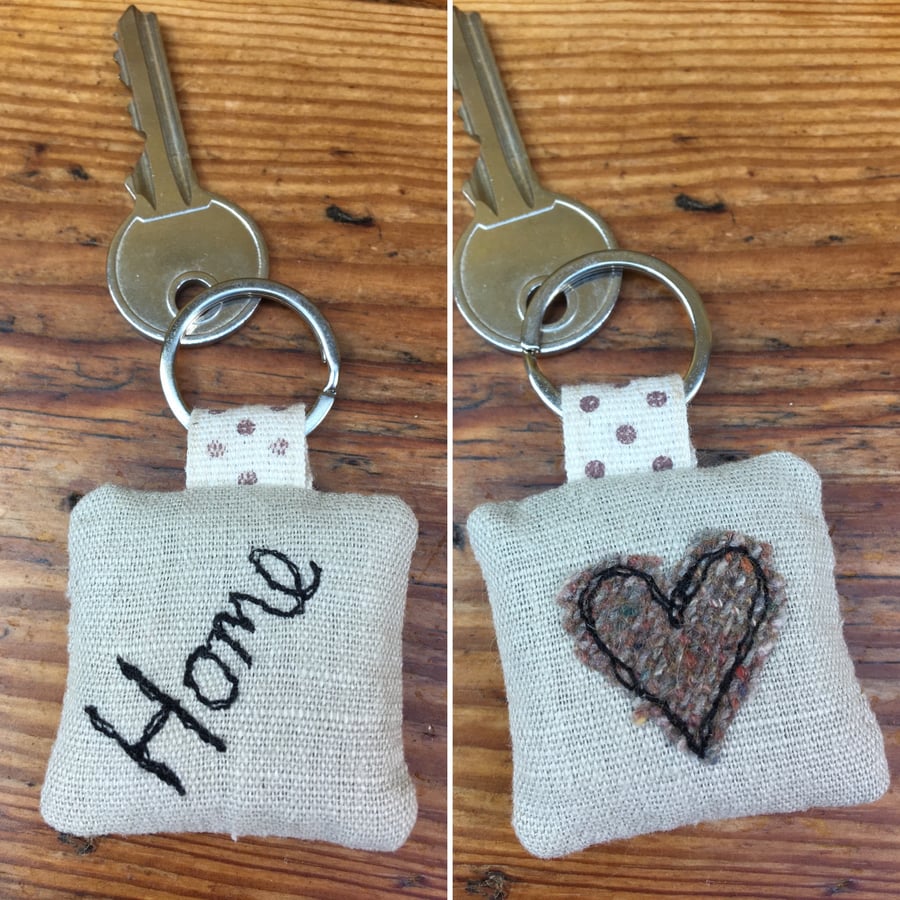 Home keyring, New home keyring, Tweed heart, Embroidered linen & lavender filled