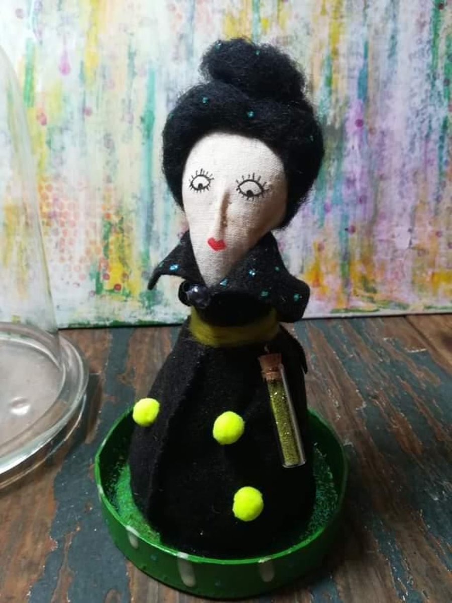 Handmade art doll, textile art doll, Marie curie art doll, glass dome