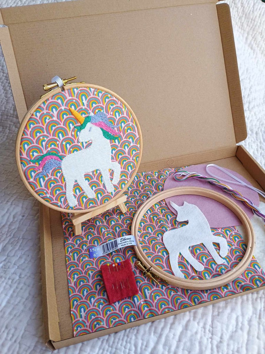 Unicorn Sewing craft kit - hand appliqued felt and embroidered hoop picture