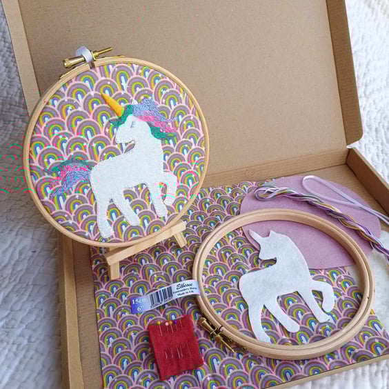 Unicorn Sewing craft kit - hand appliqued felt and embroidered hoop picture