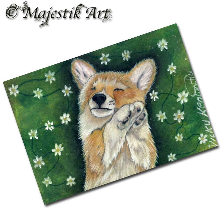 Archival ACEO Corgi 'Daisy chain' By V Kenworthy