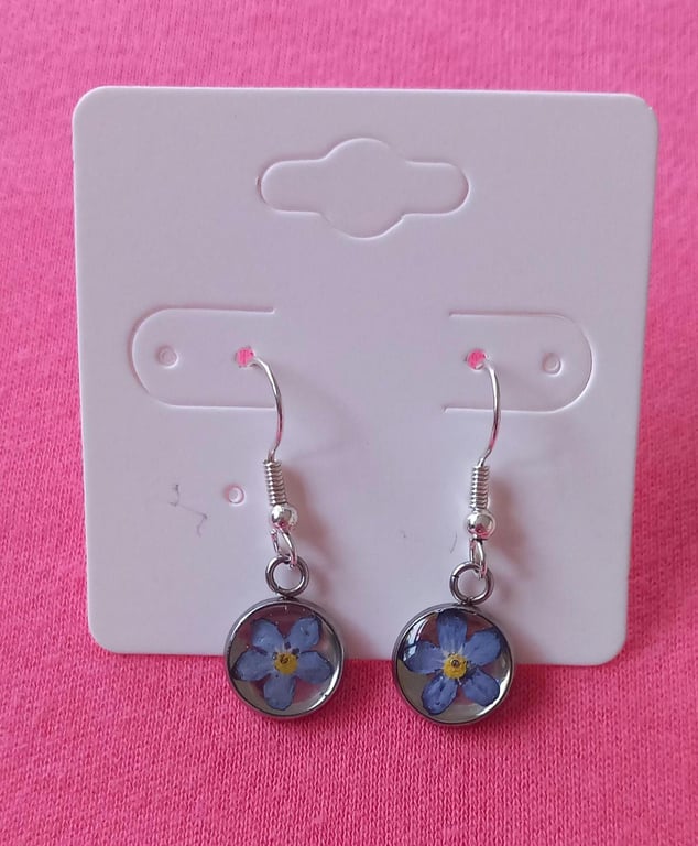 Dried flower dangle drop earrings, Forget me not resin jewellery, Little blue fl