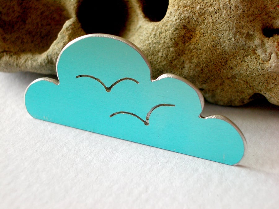 Cloud brooch with seagulls in sky blue