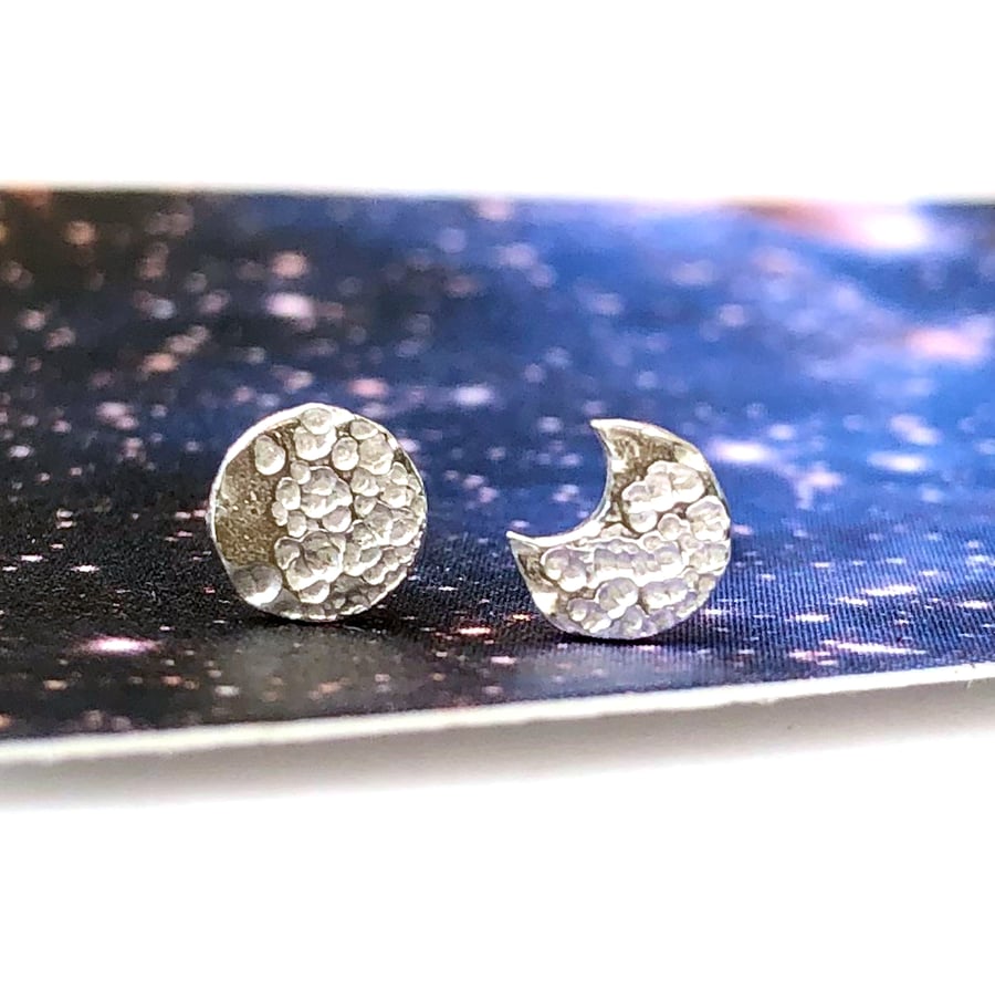 Mismatched Moon Earrings, Sterling Silver Stud Earrings