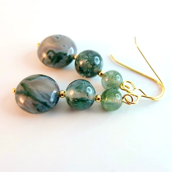 Moss Agate Earrings On Gold Vermeil Ear-Wires - Handmade In Devon