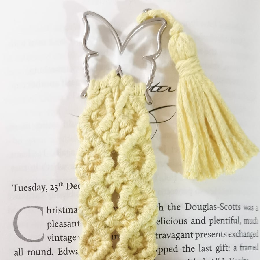 Handmade macrame butterfly bookmark for bookworm, silver, yellow FREE UK P&P