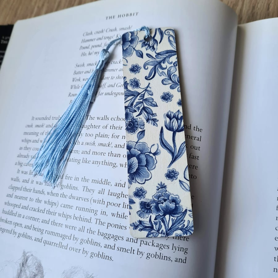 Wooden bookmark blue and white design decoupage with tassel stocking filler