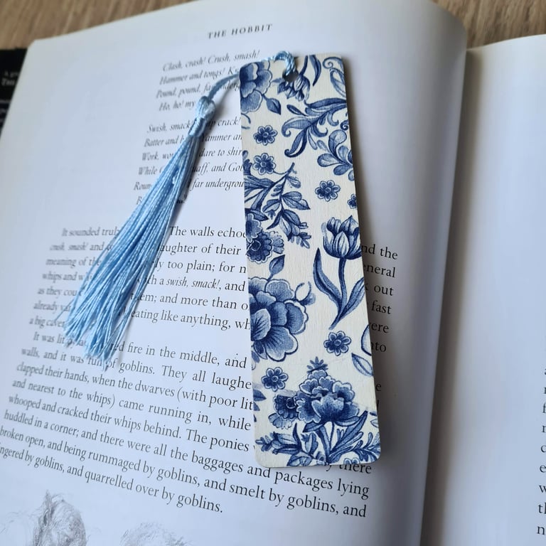 Wooden bookmark blue and white design decoupage with tassel stocking filler