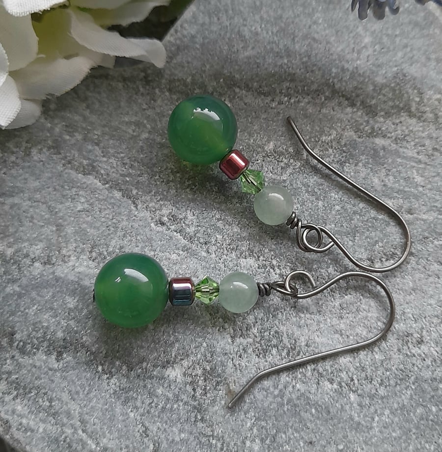 Green Agate Hematite and Crystal Earrings Niobium Ear Wires