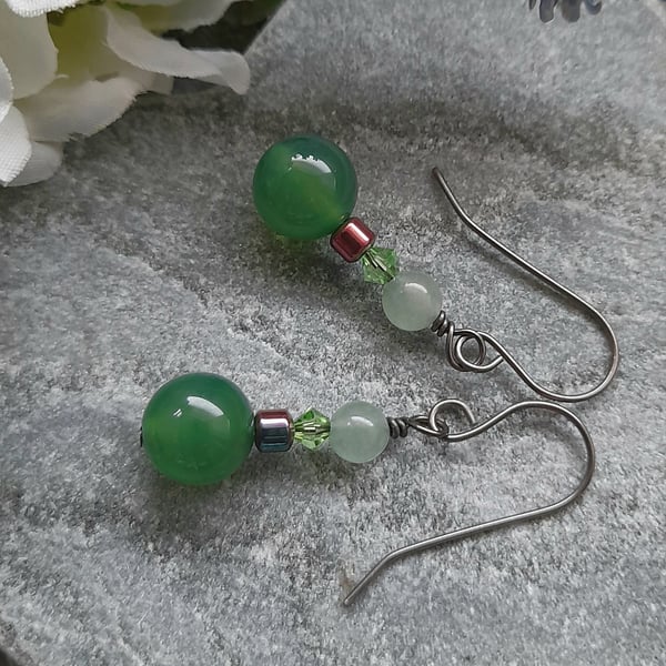 Green Agate Hematite and Crystal Earrings Niobium Ear Wires