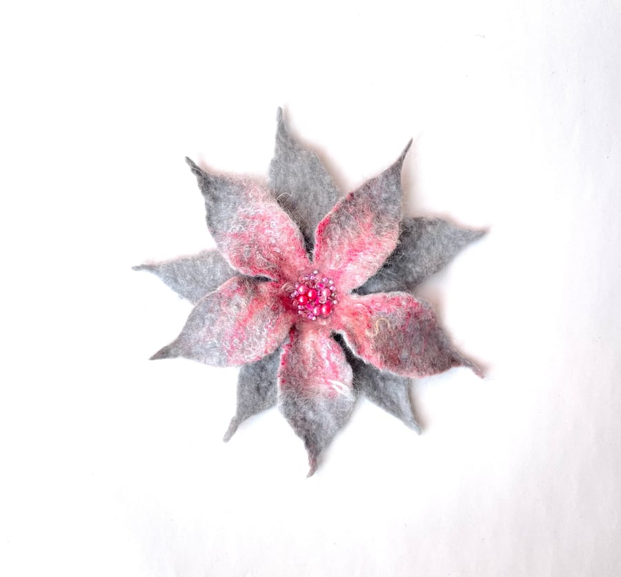 Felt Flowers Brooch Handmade Item Merino Wool Felt Unusual Jewellery Pink Floral