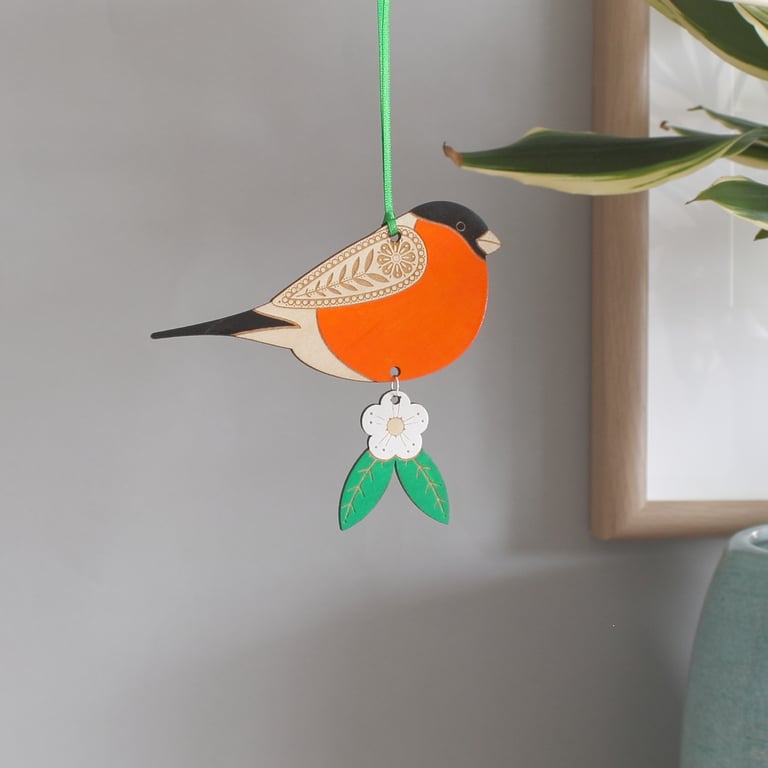 Wooden Bullfinch Hanging Decoration with Hawthorn Flower