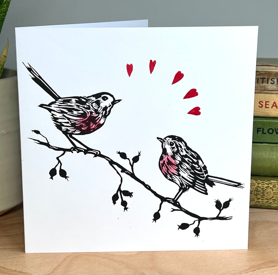 Two Robins Lino Printed Card
