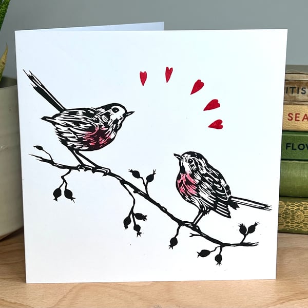 Two Robins Lino Printed Card