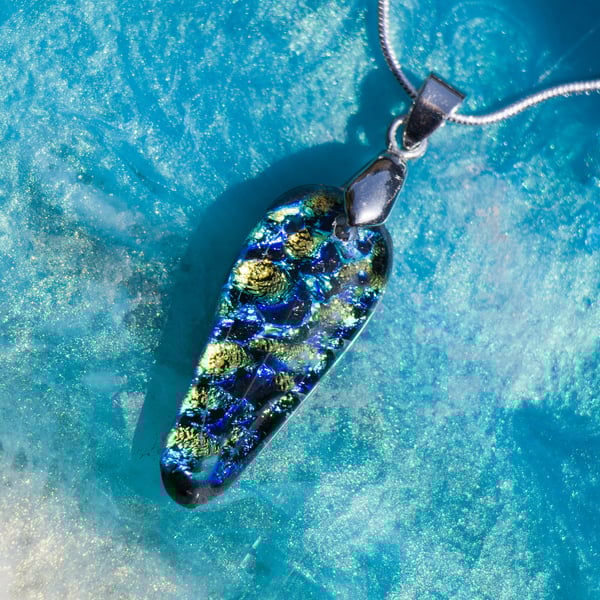 Cute Dichroic Glass Pendant - Blues and Gold - 1253