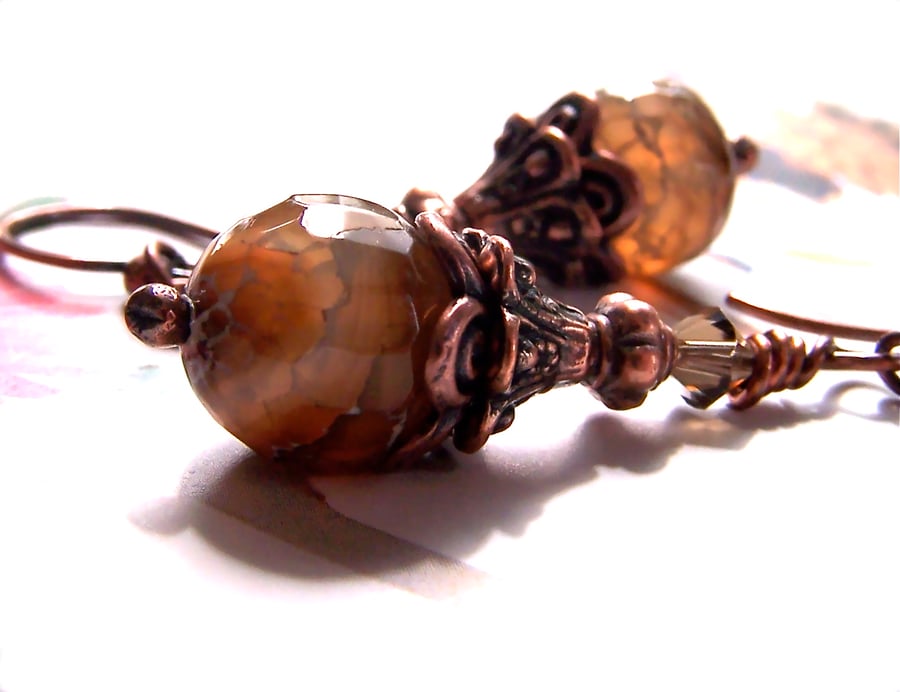 Copper Dangle Earrings, Fire Agate Stone, Artisan Handmade Pure Copper, Ooak