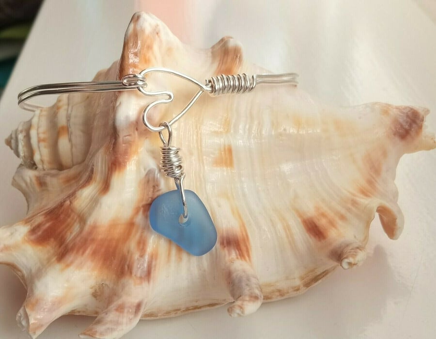 Sterling Silver Handmade Wire Heart Bangle with Blue Seaglass Charm One Size