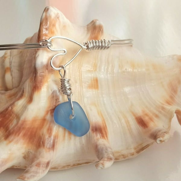 Sterling Silver Handmade Wire Heart Bangle with Blue Seaglass Charm One Size