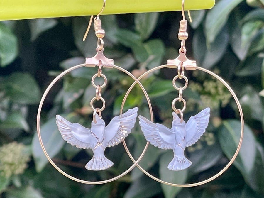 WHITE DOVE EARRINGS gold plated acrylic lustre creole