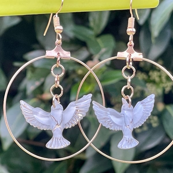 WHITE DOVE EARRINGS gold plated acrylic lustre creole