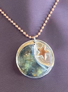 Silver, labradorite and copper moon pendant