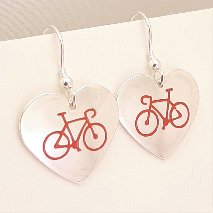 Cycling Heart Drop Earrings, Silver Bicycle Jewellery, Handmade Bike Gift