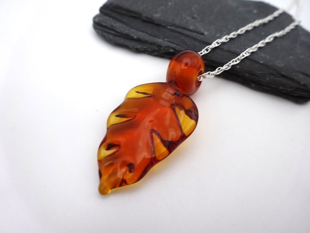 amber leaf lampwork glass pendant