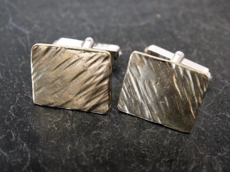 Textured Brass square cufflinks with sterling silver fastenings