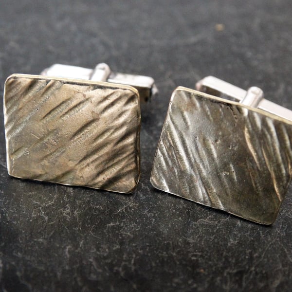 Textured Brass square cufflinks with sterling silver fastenings