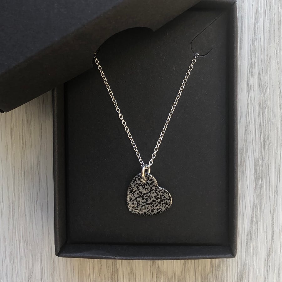 Mottled black enamel heart necklace. Sterling silver necklace 