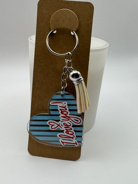 I Love You Heart Keychain – Blue Striped Valentine Gift with Tassel