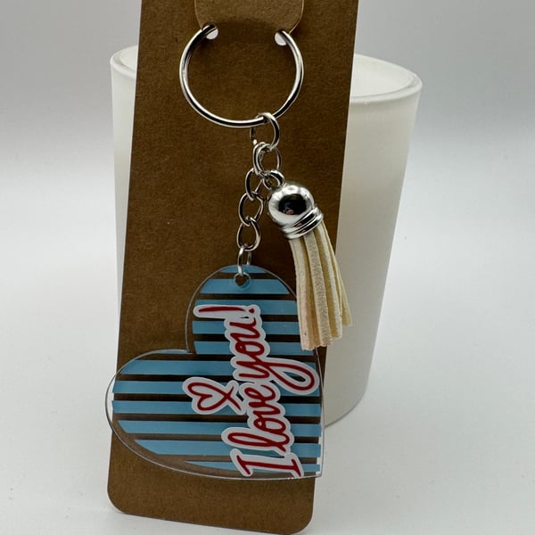 I Love You Heart Keychain – Blue Striped Valentine Gift with Tassel