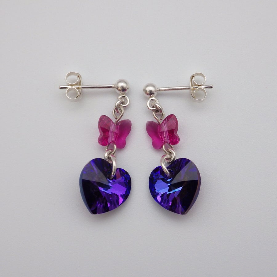 Swarovski purple heart earrings with pink butterfly beads