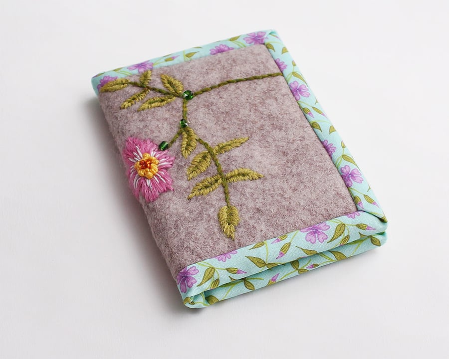 Grey wool felt A7 notebook with hand embroidered dog rose