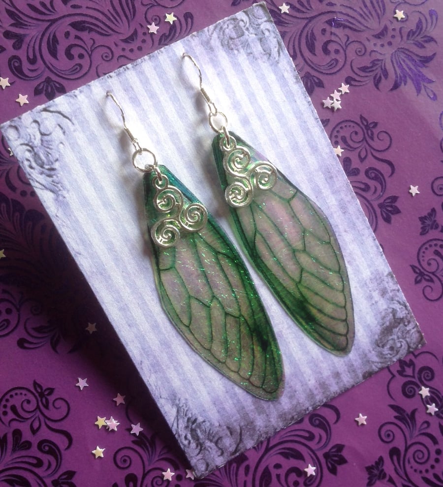 Forest Green Triskelion Iridescent Large Fairy Wing Sterling Silver Earrings
