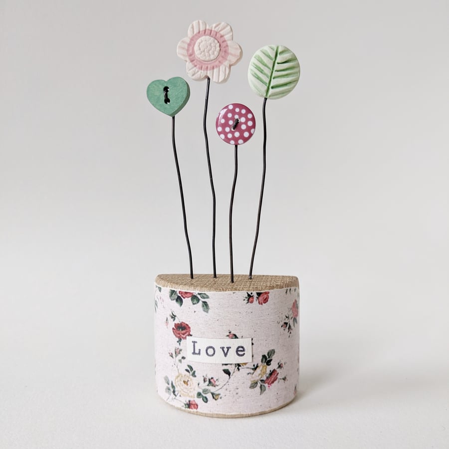 Clay and Button Flower Garden in a Floral Wood Block 'Love'